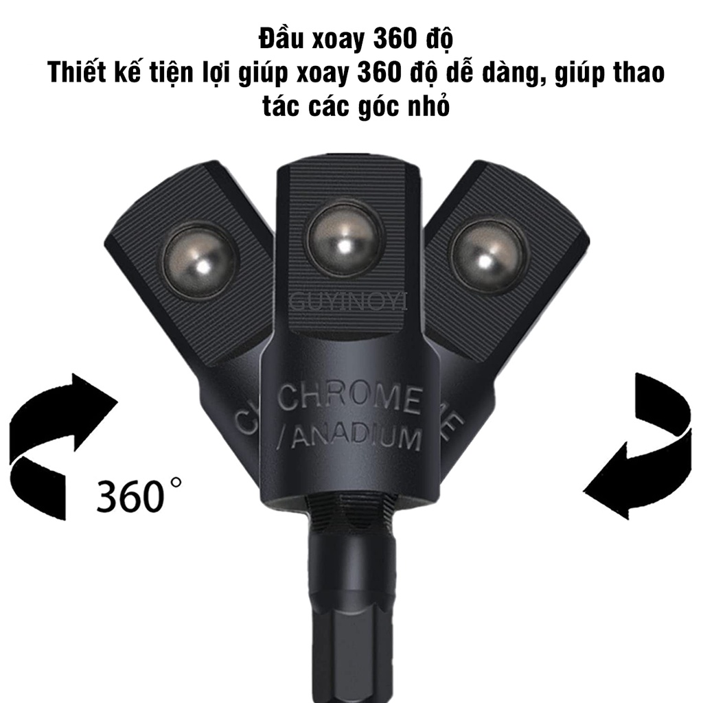 Combo 3 Đầu Chuyển Chân Lục Giác Bắn Vít Sang Khẩu Bulong Lắc Léo 1/4" 3/8" 1/2" VITO Gắn Cho Máy Khoan, Máy Bắn Vít