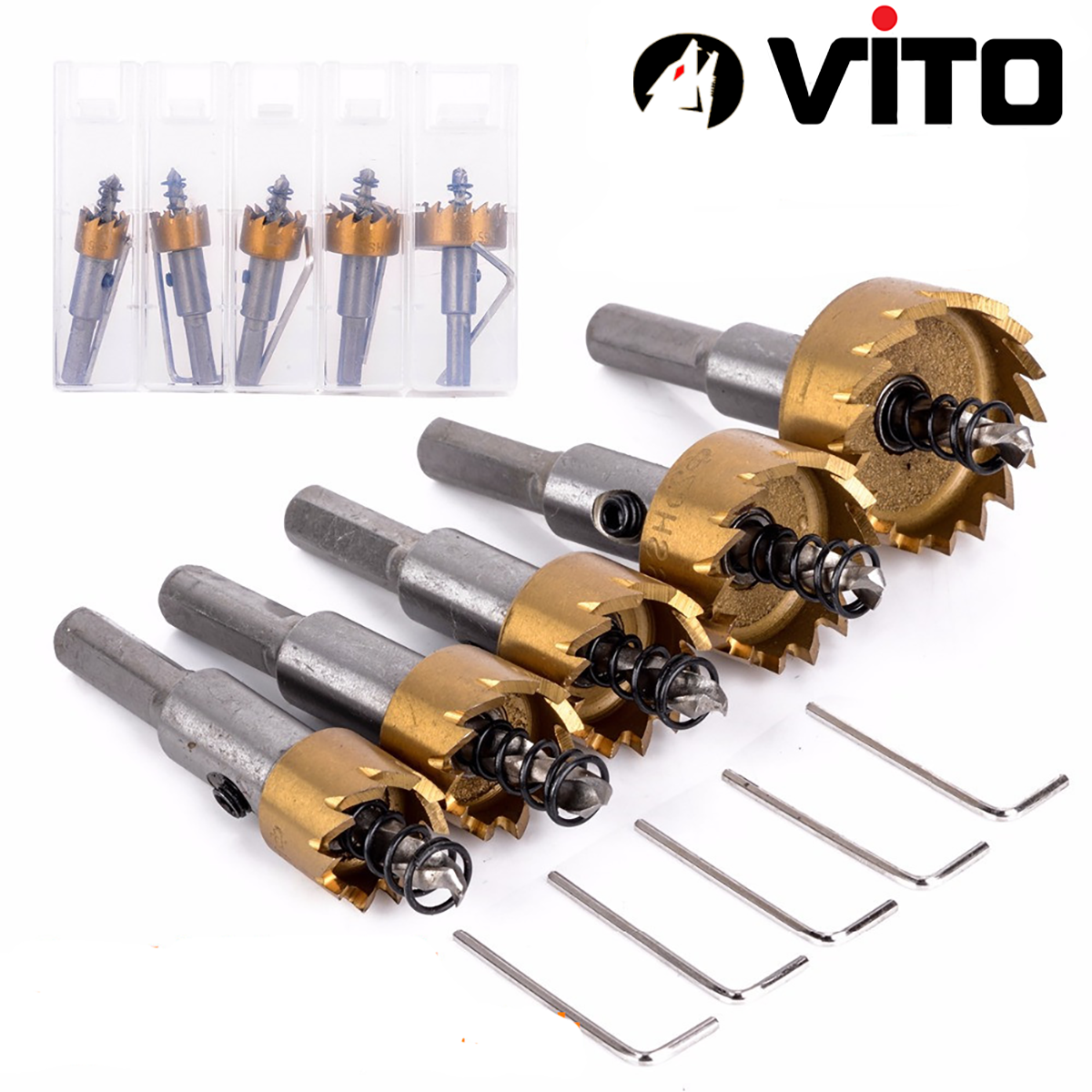 Bộ 5 Mũi Khoan, Mũi Khoét Kim Loại VITO Thép HSS 6542 Kích Thước 16-30mm Có Mũi Định Tâm