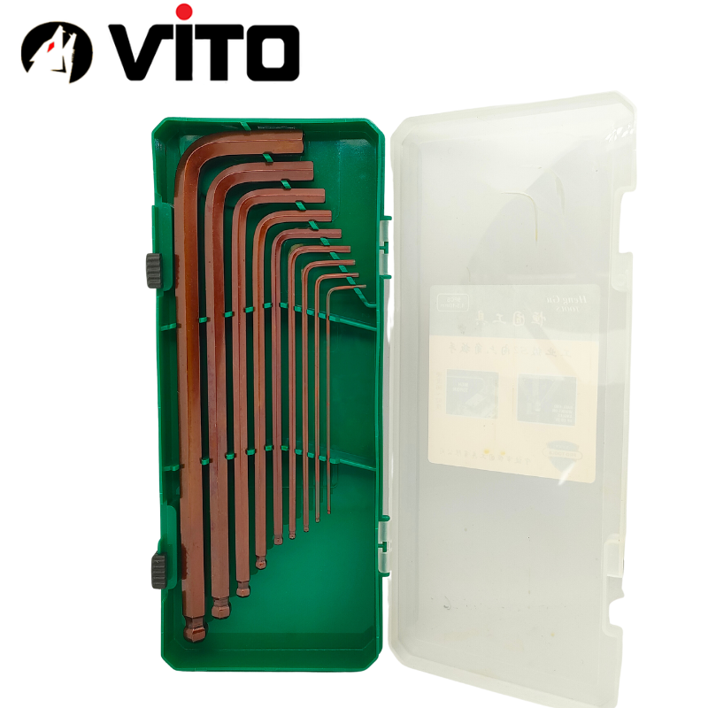 Hộp Lục Giác Vặn Tay Chữ L 2 Đầu Lục Giác, Lục Giác Bi 9 Cây VITO Thép S2 Mạ Crôm Độ Cứng Cao