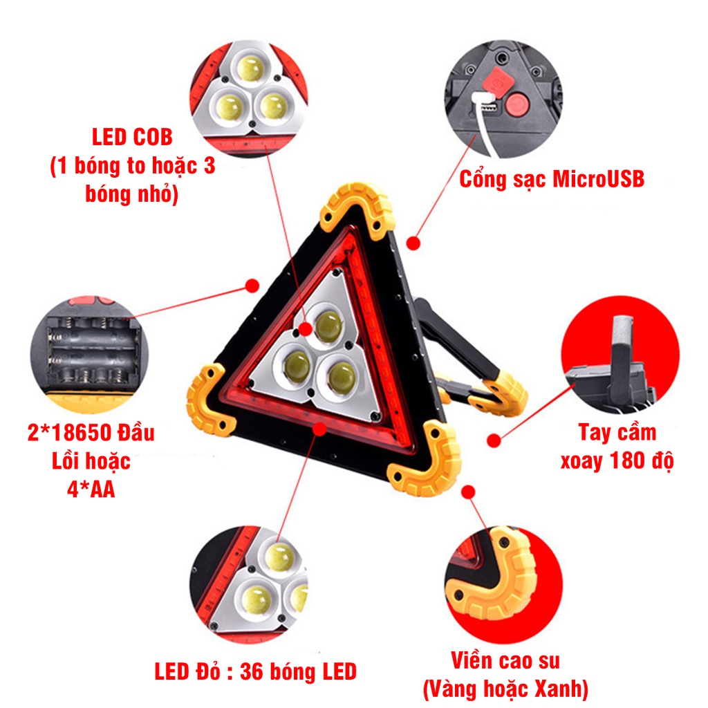 Đèn LED COB, Sạc 2 Chiều, Đèn Công Trình , 3xAA/2x18650 Có 36 Đèn Cảnh Báo Tam Giác
