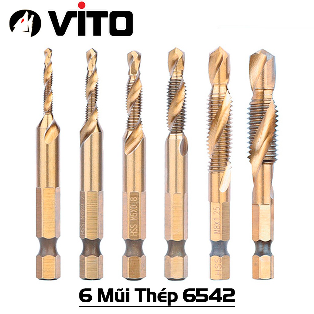 Bộ 6 Mũi Taro VITO Chân Lục Giác Tạo Ren Doa Âm Mũ Vít M3-M10 Phủ Titanium