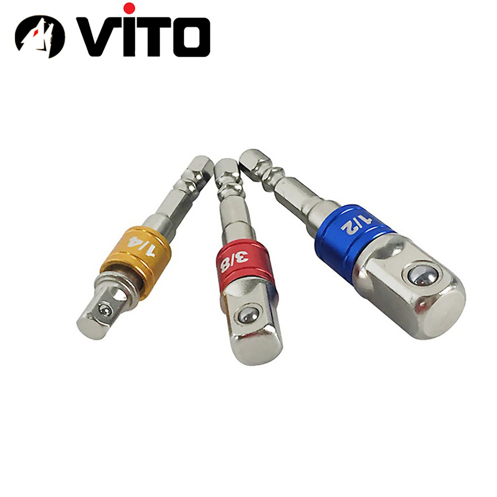Bộ 3 Đầu Chuyển Sang Khẩu Bulong 1/4" 3/8" 1/2" 3 Màu VITO Gắn Cho Máy Khoan, Máy Bắn Vít