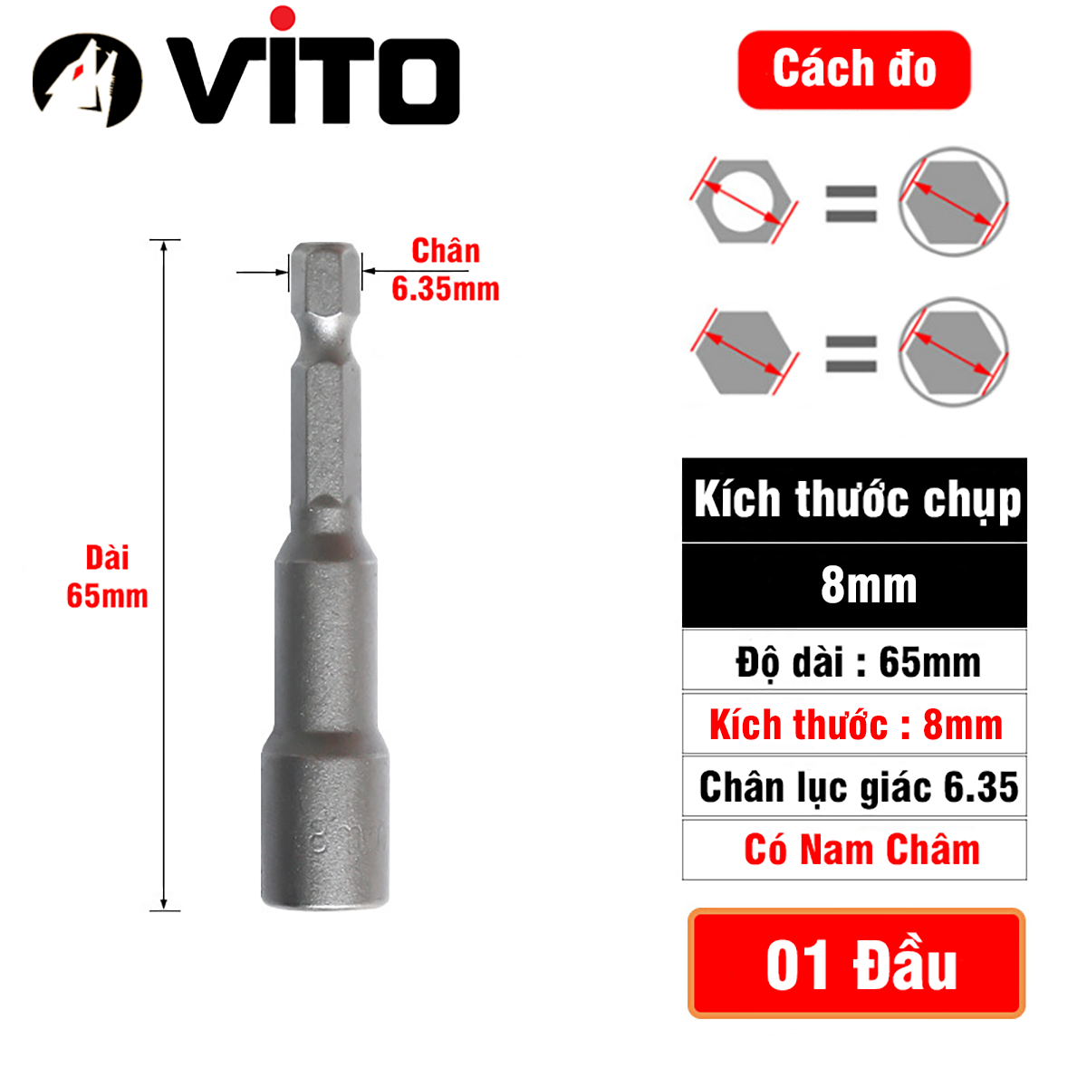Đầu Chụp Bulong Bắn Vít Lục Giác Có Nam Châm Dài 65mm VITO Các Kích Cỡ