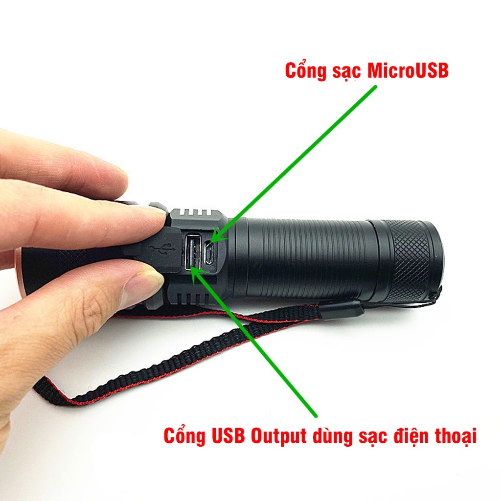 Đèn Pin Siêu Sáng LED P50 Có Cổng Sạc Điện Thoại Dùng Pin 26650/18650 Tích Hợp Sạc Thân