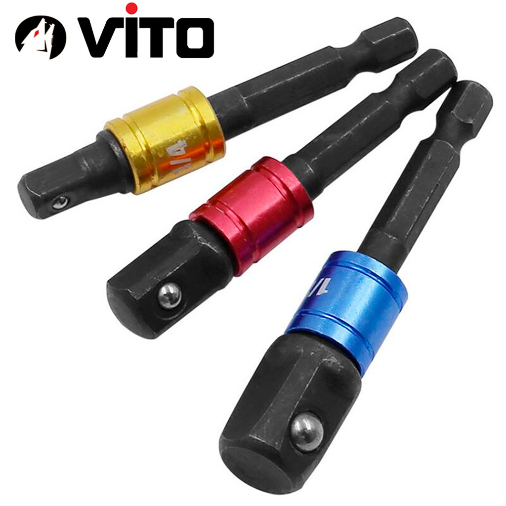 Bộ 3 Đầu Chuyển Sang Khẩu Bulong 1/4" 3/8" 1/2" 3 Màu VITO Gắn Cho Máy Khoan, Máy Bắn Vít