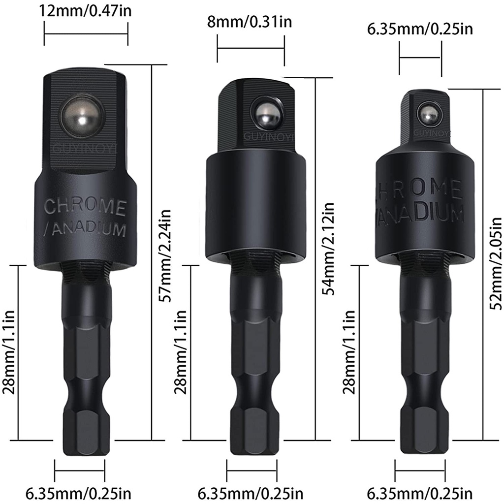 Combo 3 Đầu Chuyển Chân Lục Giác Bắn Vít Sang Khẩu Bulong Lắc Léo 1/4" 3/8" 1/2" VITO Gắn Cho Máy Khoan, Máy Bắn Vít