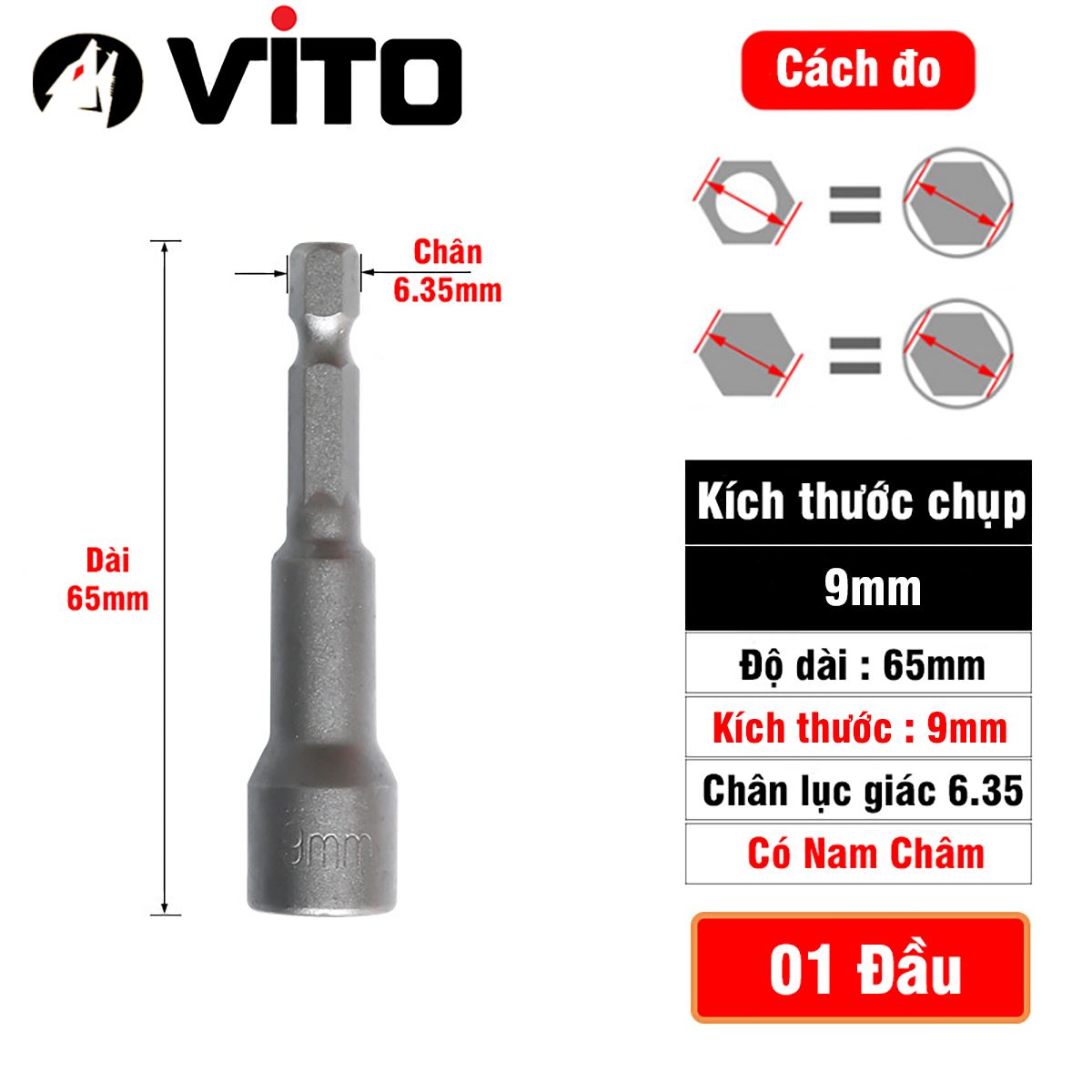 Đầu Chụp Bulong Bắn Vít Lục Giác Có Nam Châm Dài 65mm VITO Các Kích Cỡ