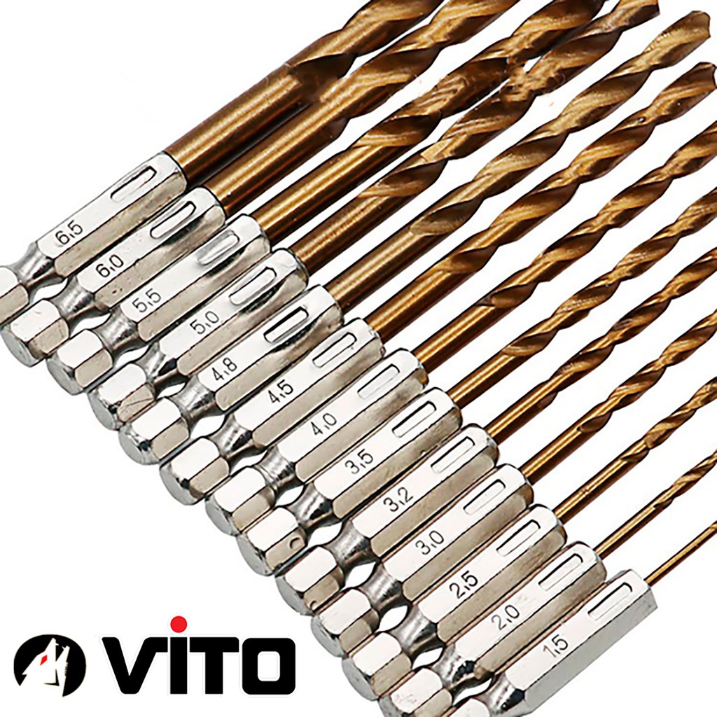 Bộ 13 Mũi Khoan Chất Liệu Thép Gió HSS Bọc Titanium VITO Chuôi Lục Giác Khoan Gỗ, Nhựa