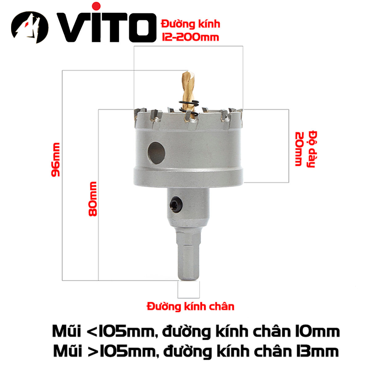 Mũi Khoét Inox, Sắt,Thép VITO Chất Liệu Hợp Kim TCT Đúc Nguyên Khối Chuyên Dụng