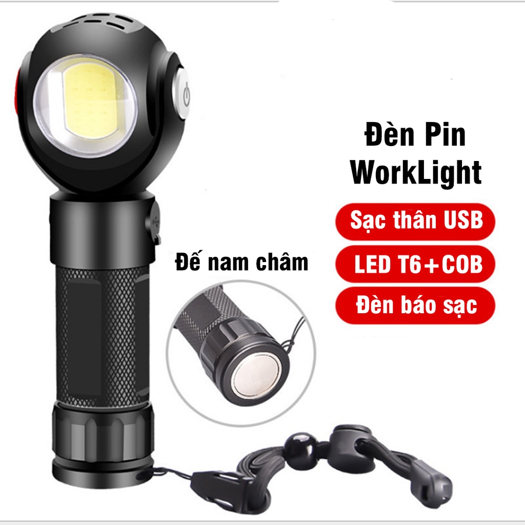 Đèn Pin LED COB + T6 Đế Nam Châm Chống Nước Xoay 360 Độ Tiện Lợi