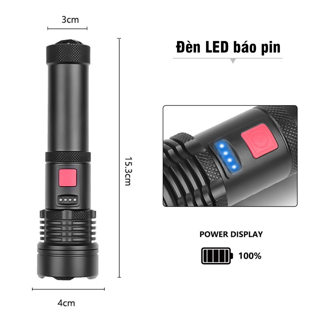 Đèn Pin Siêu Sáng Pin Tích Hợp LED P50 Dùng Pin 26650/18650 Có Cổng Sạc USB