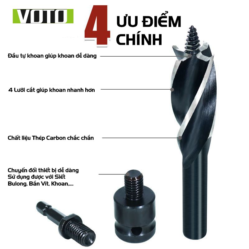 Bộ 3 Chi Tiết Khoan Gỗ Xoắn Ốc Auger 4 Lưỡi Cắt Sử Dụng Cho Máy Bắn Vít, Siết Bulong, Máy Khoan