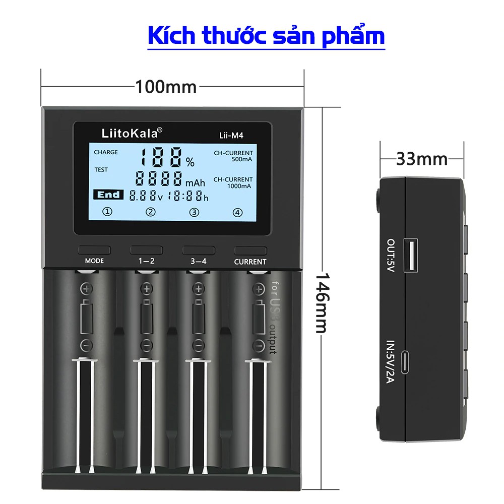 Bộ Sạc Pin Liitokala Lii-M4 Đa Năng Test Dung Lượng Nguồn Vào 5V USB