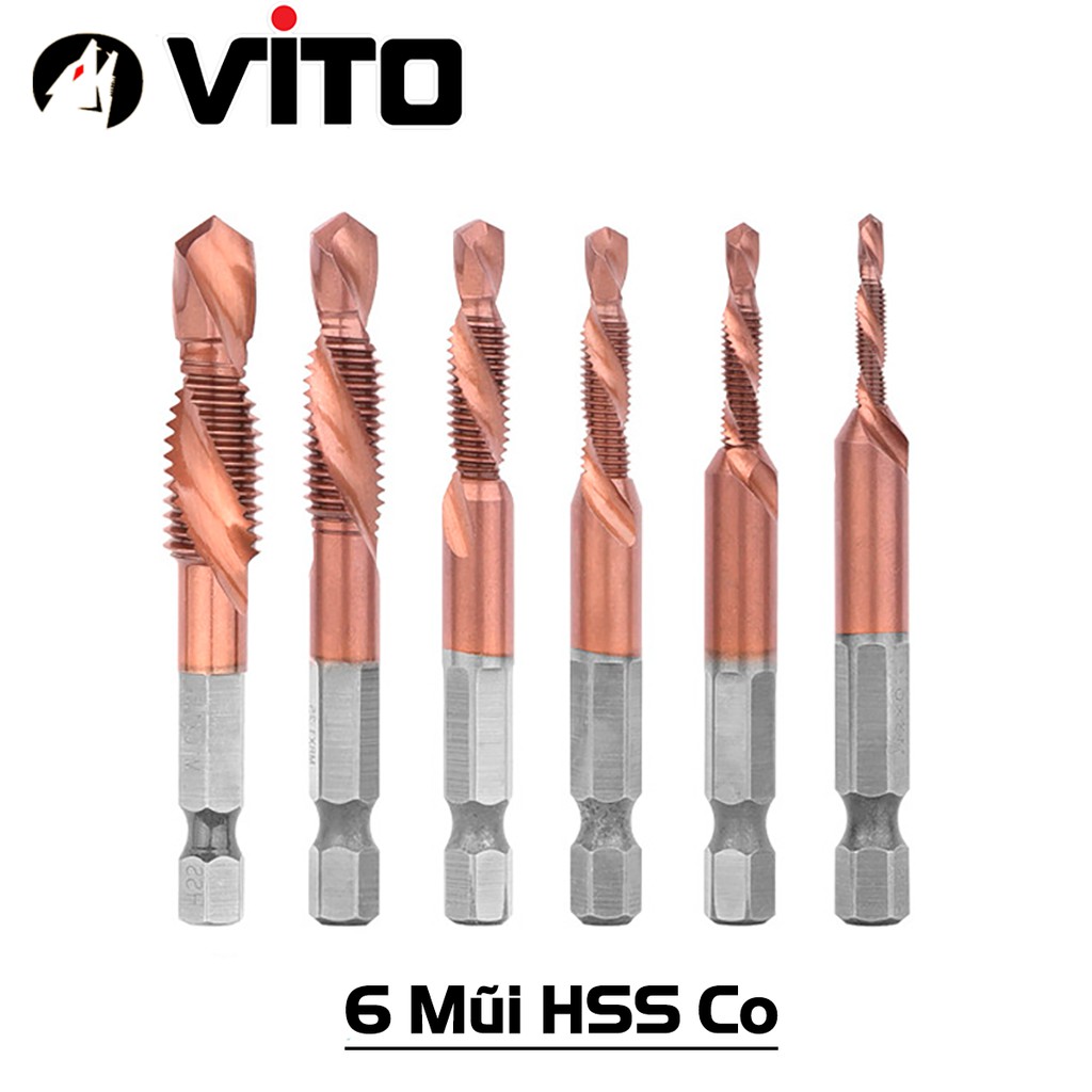 Bộ 6 Mũi Taro VITO Chân Lục Giác Tạo Ren Doa Âm Mũ Vít M3-M10 Phủ Titanium