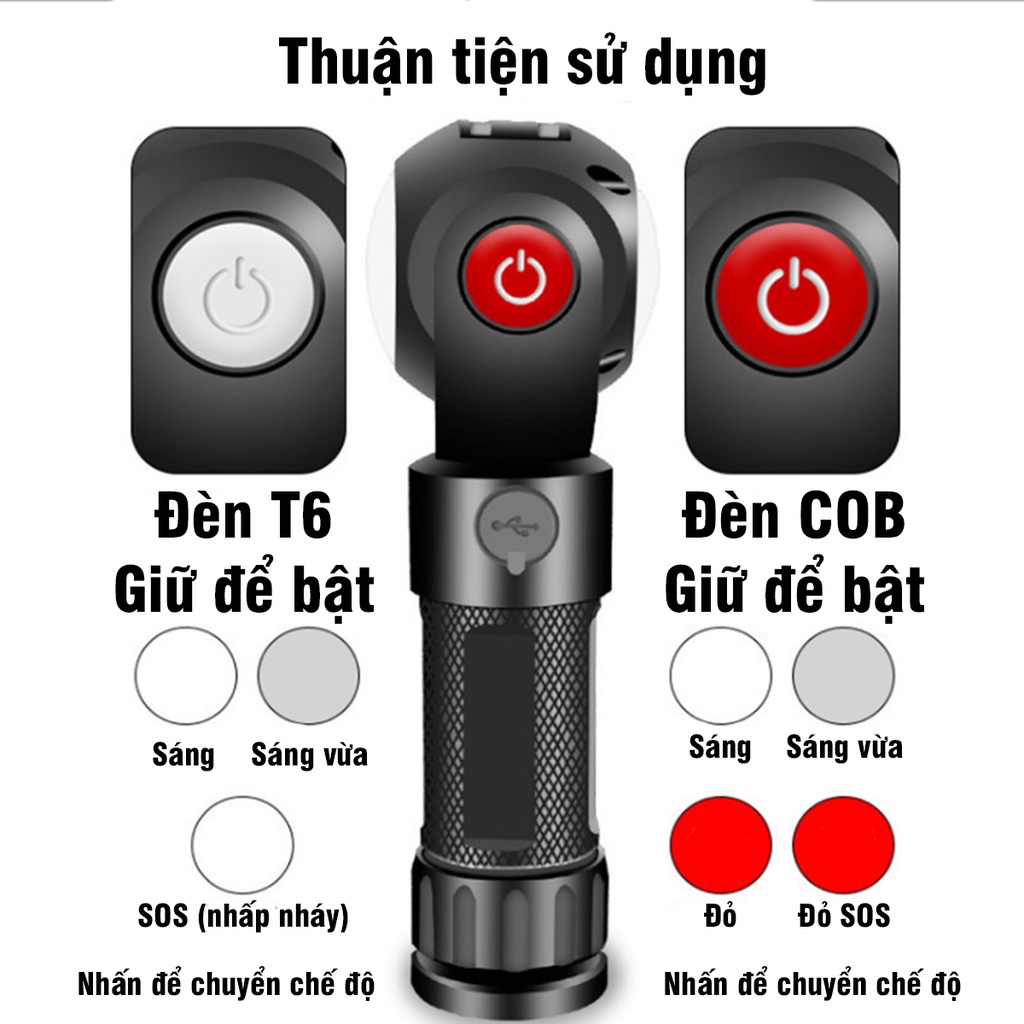 Đèn Pin LED COB + T6 Đế Nam Châm Chống Nước Xoay 360 Độ Tiện Lợi