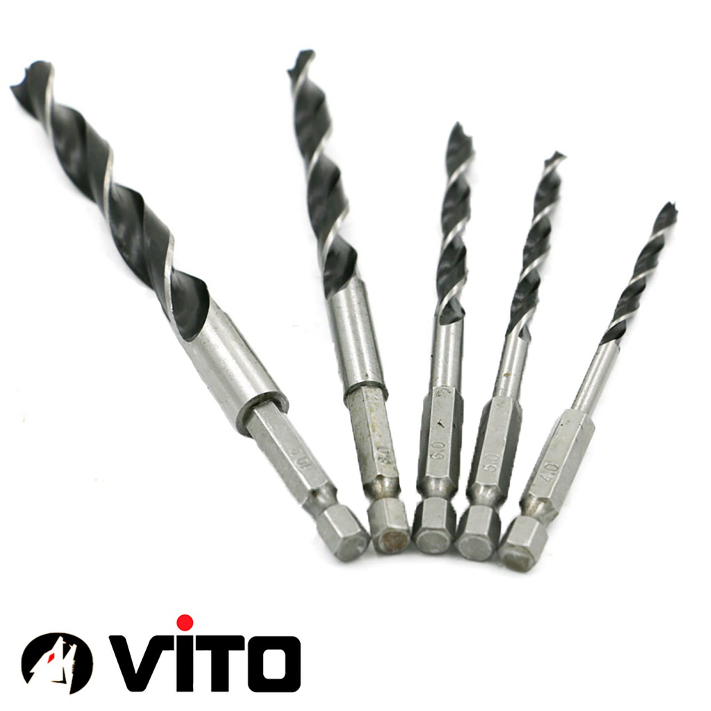 Bộ 5 Mũi Khoan Gỗ VITO Có Đầu Cố Định Tâm Chuôi Lục Giác Kích Thước 4-10mm