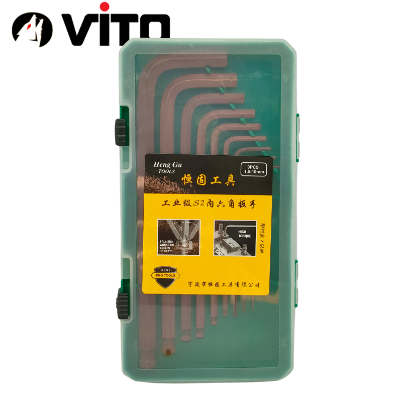Hộp Lục Giác Vặn Tay Chữ L 2 Đầu Lục Giác, Lục Giác Bi 9 Cây VITO Thép S2 Mạ Crôm Độ Cứng Cao