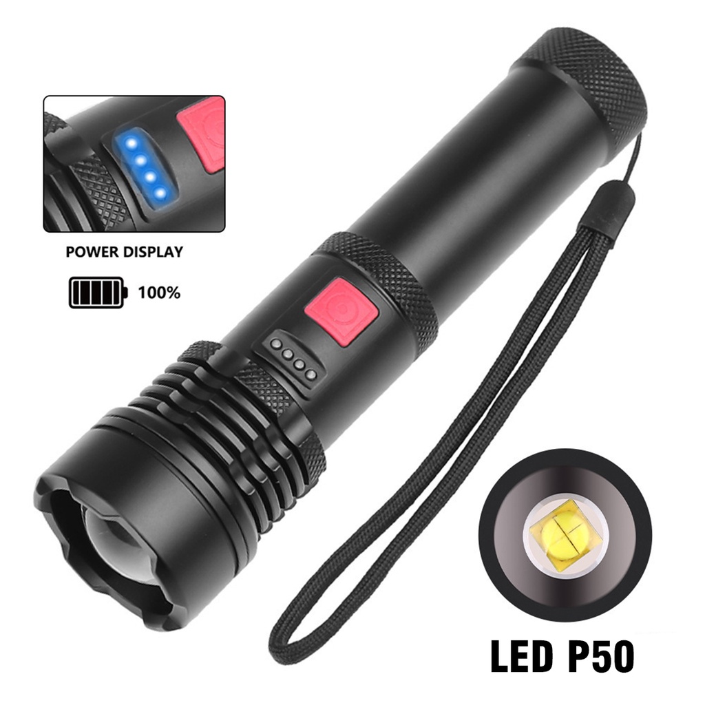 Đèn Pin Siêu Sáng Pin Tích Hợp LED P50 Dùng Pin 26650/18650 Có Cổng Sạc USB