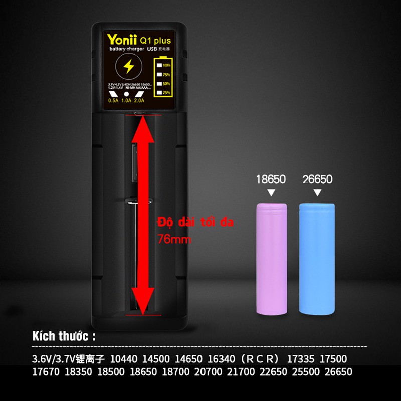 Sạc Pin Đa Năng Yonii Q1 Plus Sạc Nhanh 2A Pin Li-ion 3.7V/Ni-MH 1.2V Có Cổng USB