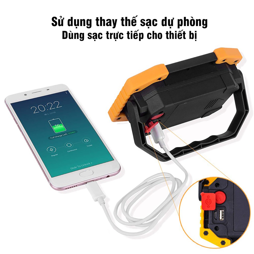 Đèn Pin 2 LED COB, Có Cổng Sạc Điện Thoại, Sử Dụng Pin 18650/AA