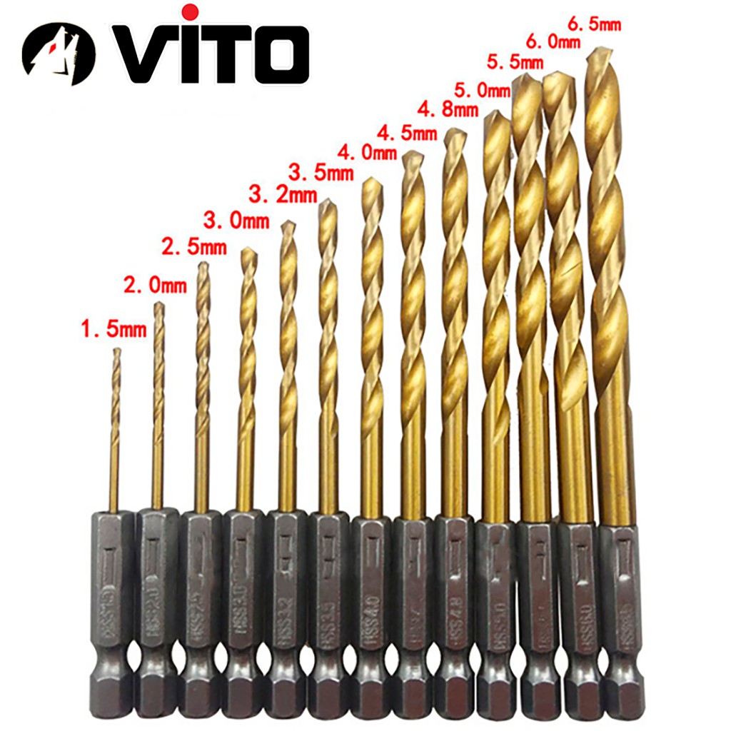 Bộ 13 Mũi Khoan Chất Liệu Thép Gió HSS Bọc Titanium VITO Chuôi Lục Giác Khoan Gỗ, Nhựa