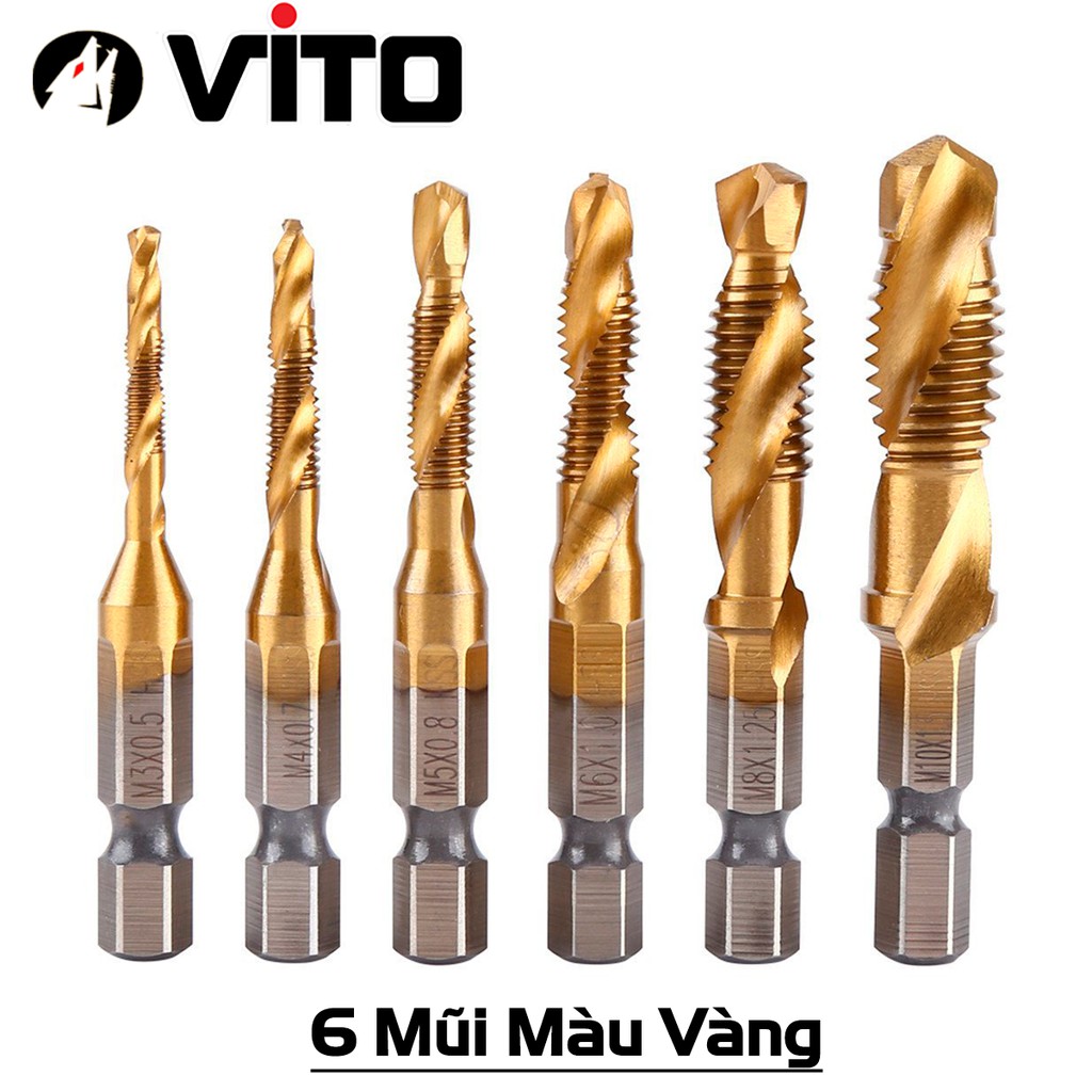Bộ 6 Mũi Taro VITO Chân Lục Giác Tạo Ren Doa Âm Mũ Vít M3-M10 Phủ Titanium