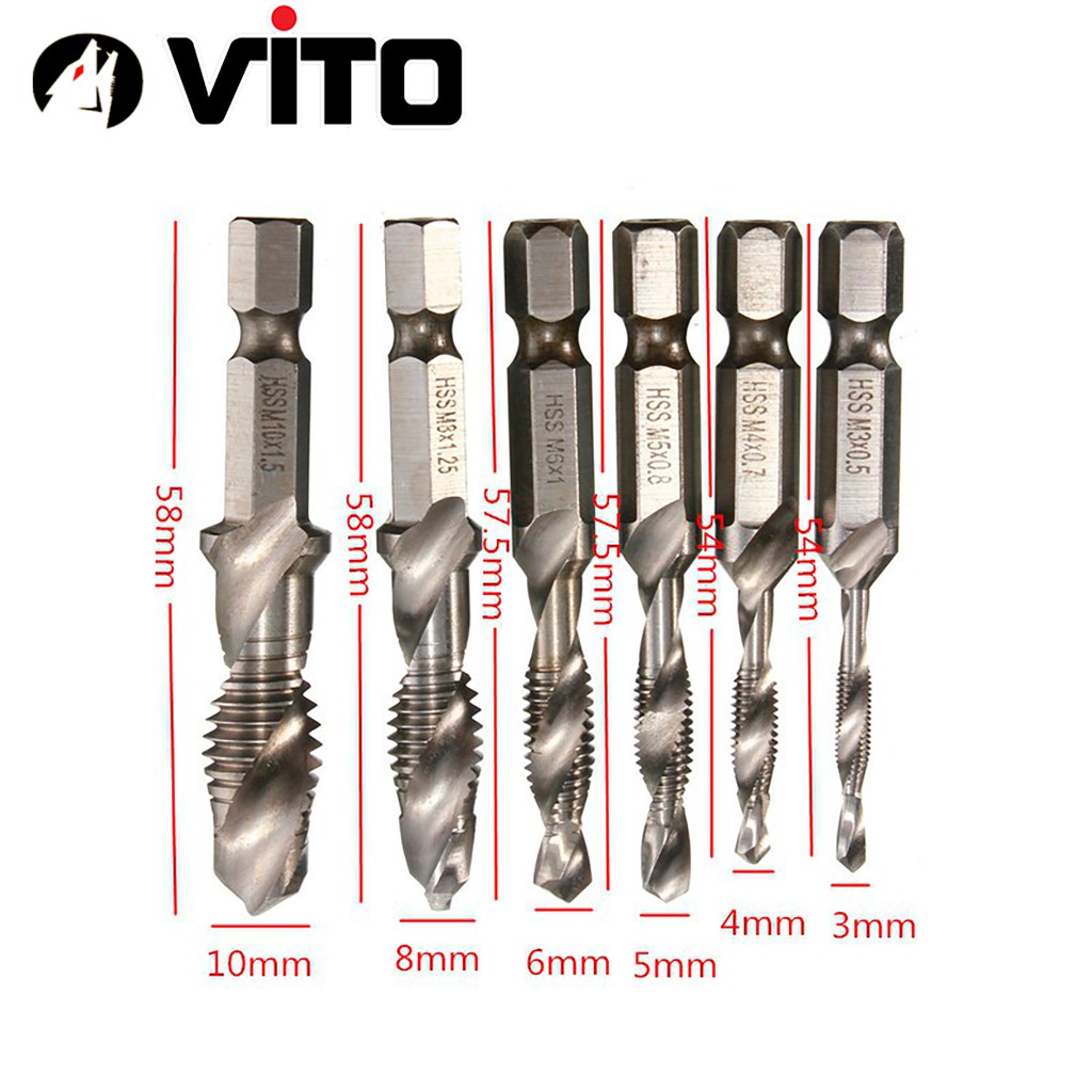 Bộ 6 Mũi Taro VITO Chân Lục Giác Tạo Ren Doa Âm Mũ Vít M3-M10 Phủ Titanium