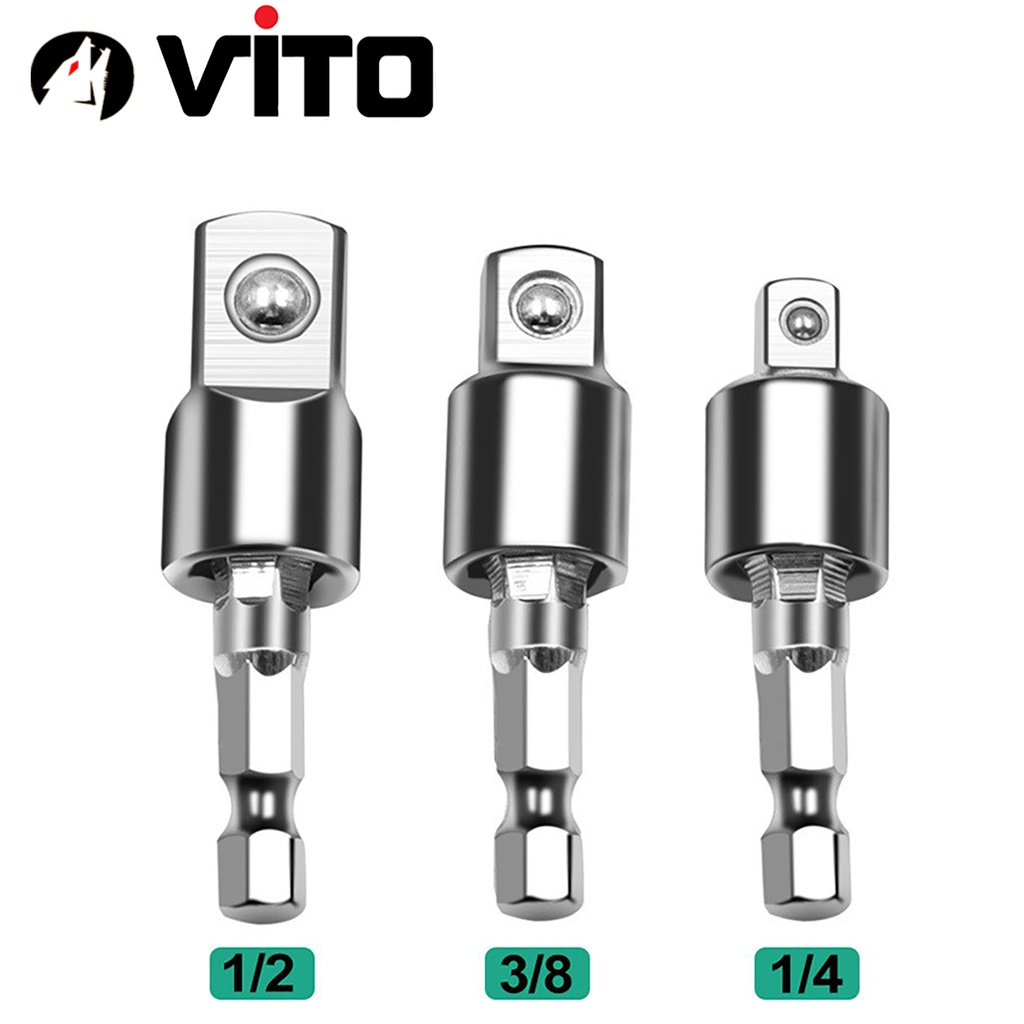 Combo 3 Đầu Chuyển Chân Lục Giác Bắn Vít Sang Khẩu Bulong Lắc Léo 1/4" 3/8" 1/2" VITO Gắn Cho Máy Khoan, Máy Bắn Vít
