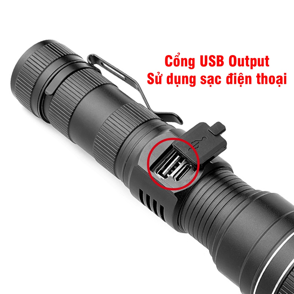 Đèn Pin Siêu Sáng LED P99 9 Nhân LED Dùng Pin 26650/18650 Tích Hợp Cổng Sạc Điện Thoại