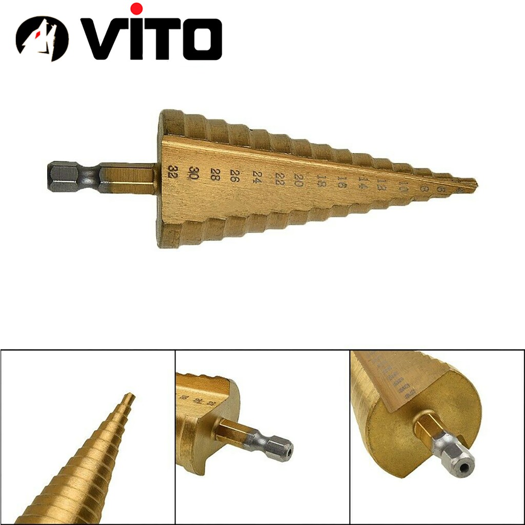 Bộ 3 Mũi Khoan Tháp VITO Chuôi Lục Giác Thép Gió HSS Mạ Titan 4-32mm Khoan Nhôm, Nhựa, Gỗ