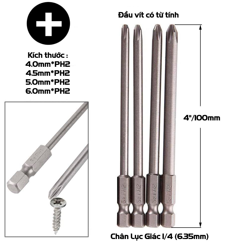 Bộ 16 Mũi Vít Hỗn Hợp (Bake, Hoa Thị, Lục Giác, 2 Cạnh) Dài 100mm