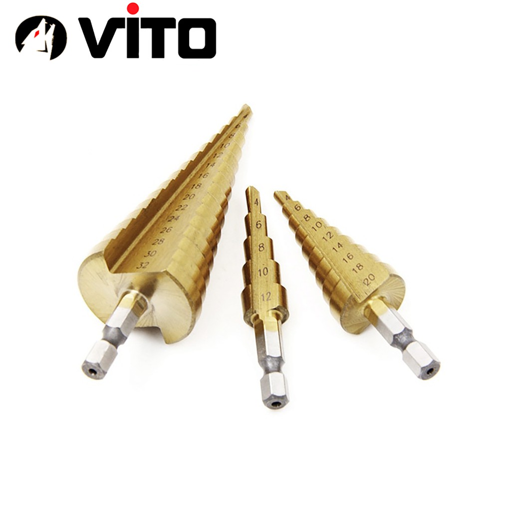Bộ 3 Mũi Khoan Tháp VITO Chuôi Lục Giác Thép Gió HSS Mạ Titan 4-32mm Khoan Nhôm, Nhựa, Gỗ