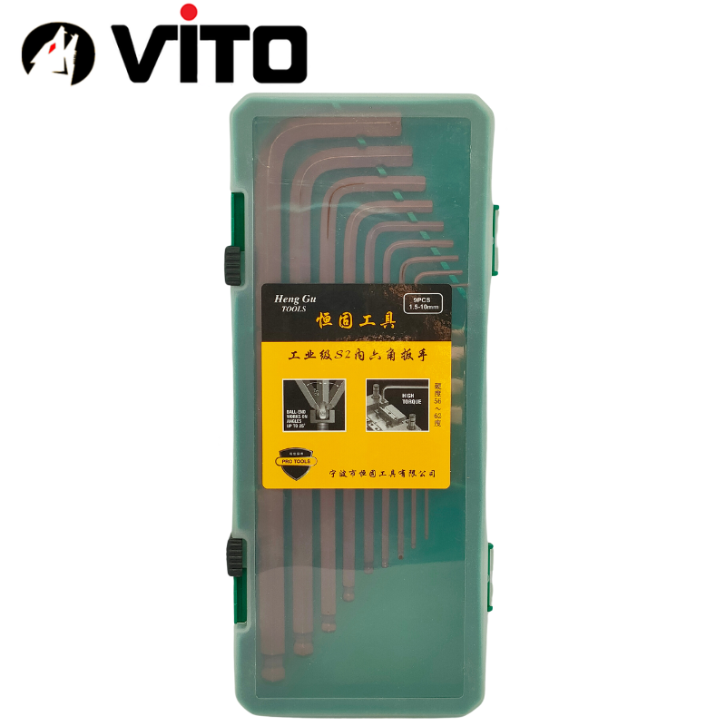Hộp Lục Giác Vặn Tay Chữ L 2 Đầu Lục Giác, Lục Giác Bi 9 Cây VITO Thép S2 Mạ Crôm Độ Cứng Cao