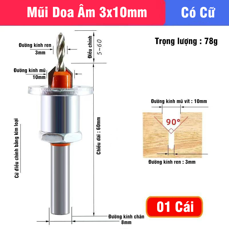 Mũi Khoan Doa Âm Vít Gỗ Có Cữ Chặn Sắt 2 Tầng Điều Chỉnh VITO Khoan Mồi Vít Chất Liệu Thép HSS 4341