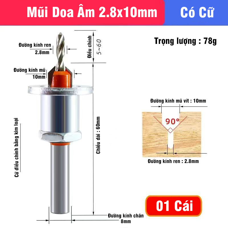 Mũi Khoan Doa Âm Vít Gỗ Có Cữ Chặn Sắt 2 Tầng Điều Chỉnh VITO Khoan Mồi Vít Chất Liệu Thép HSS 4341