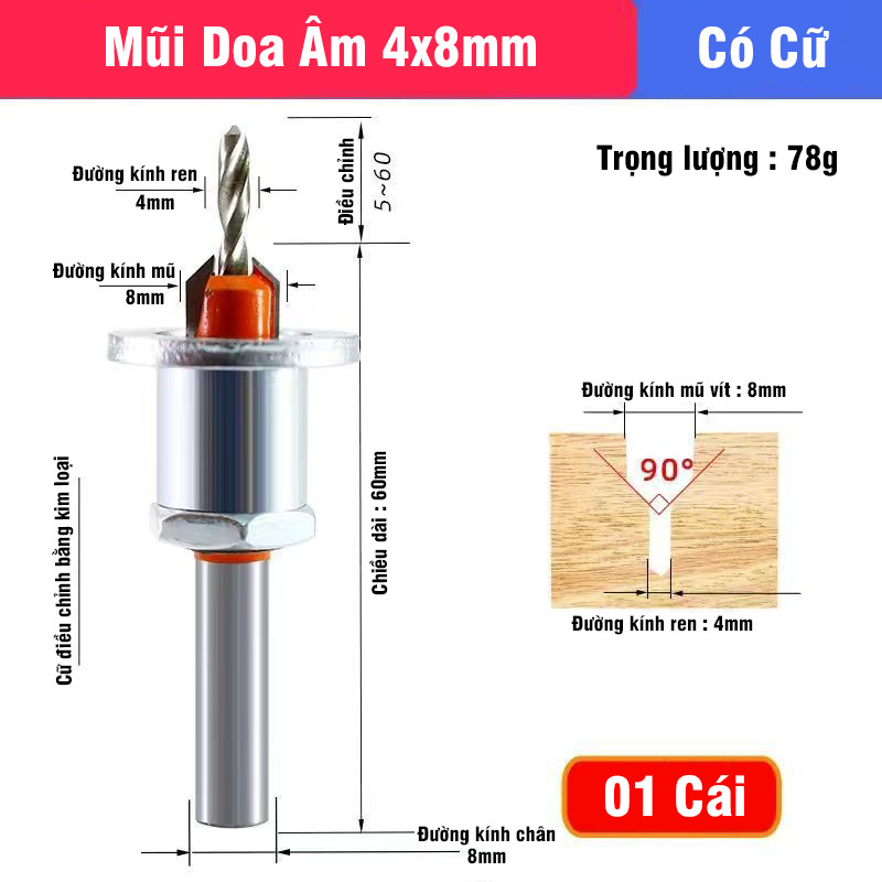 Mũi Khoan Doa Âm Vít Gỗ Có Cữ Chặn Sắt 2 Tầng Điều Chỉnh VITO Khoan Mồi Vít Chất Liệu Thép HSS 4341