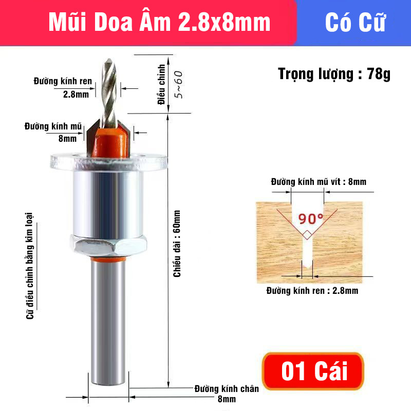 Mũi Khoan Doa Âm Vít Gỗ Có Cữ Chặn Sắt 2 Tầng Điều Chỉnh VITO Khoan Mồi Vít Chất Liệu Thép HSS 4341