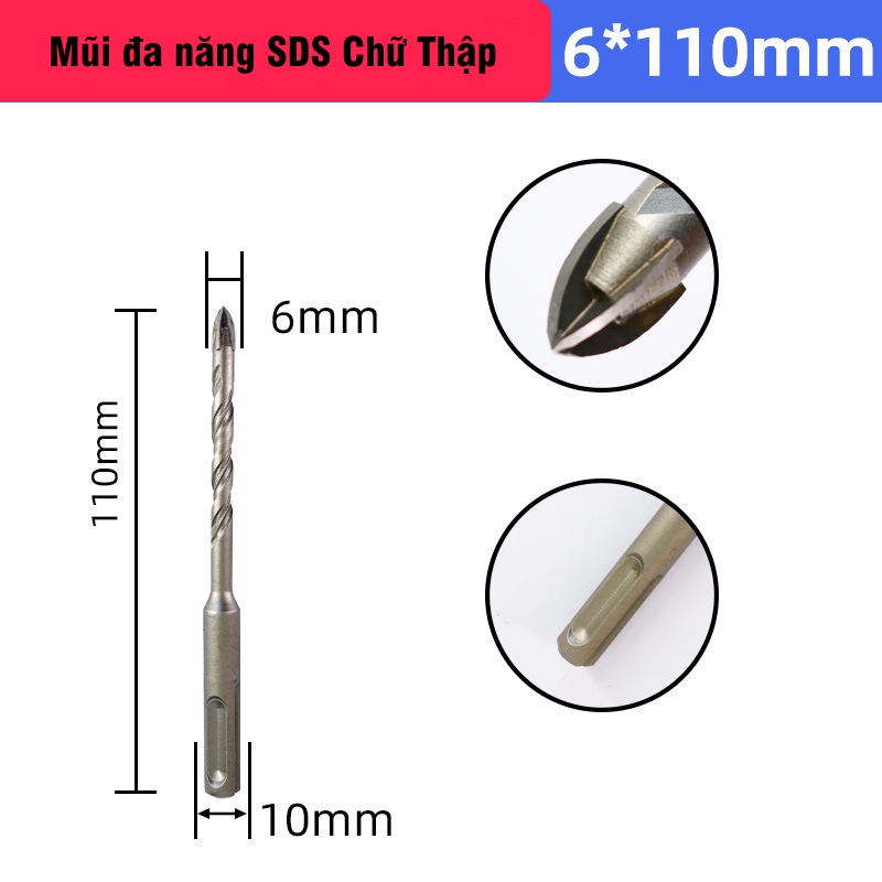 Mũi Chữ Thập 4 Cạnh Chân SDS Plus VITO Khoan Đa Năng Khoan Kính Đá Gạch Men Tường Gạch