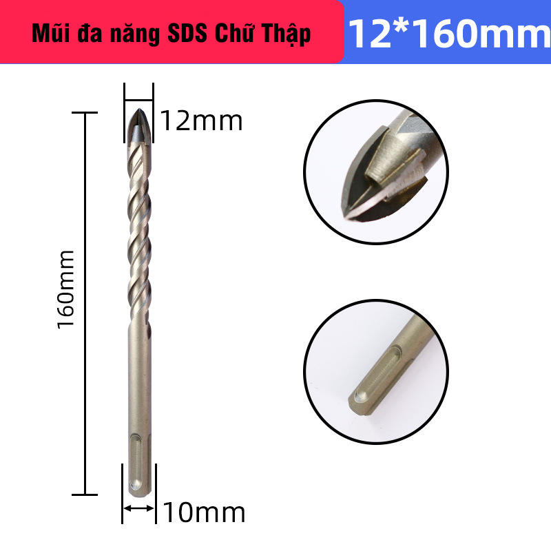 Mũi Chữ Thập 4 Cạnh Chân SDS Plus VITO Khoan Đa Năng Khoan Kính Đá Gạch Men Tường Gạch