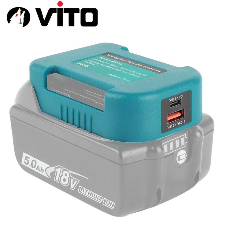 Đế Sạc Nhanh Cổng Type C PD + USB QC VITO Sử Dụng Pin MAKITA/DEWALT/MILWAUKEE