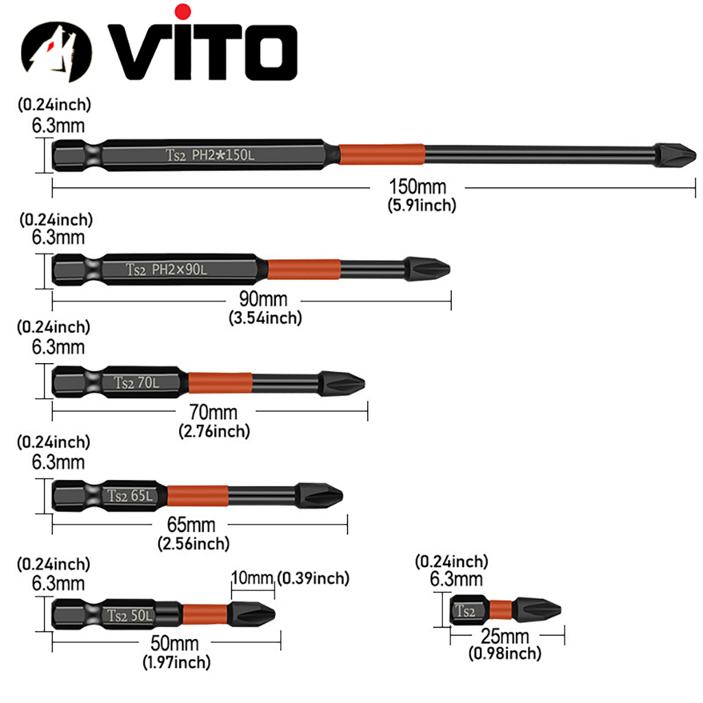 Mũi Bắn Vít Đầu PH2 Bake Chữ Thập VITO Từ Tính Cao, Chân Lục Giác Ngắn 6.35mm