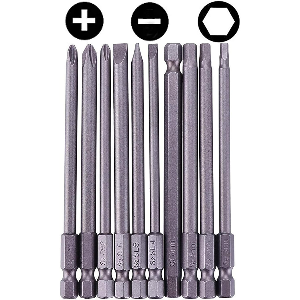 Set 10 Mũi Vít Hỗn Hợp (Bake, Lục Giác, 2 Cạnh) VITO Dài 100mm Thép S2 Chắc Chắn