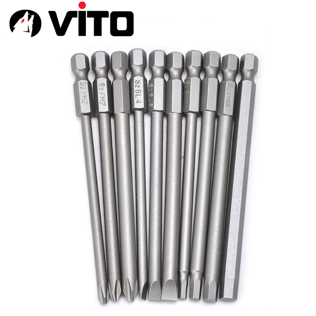 Set 10 Mũi Vít Hỗn Hợp (Bake, Lục Giác, 2 Cạnh) VITO Dài 100mm Thép S2 Chắc Chắn