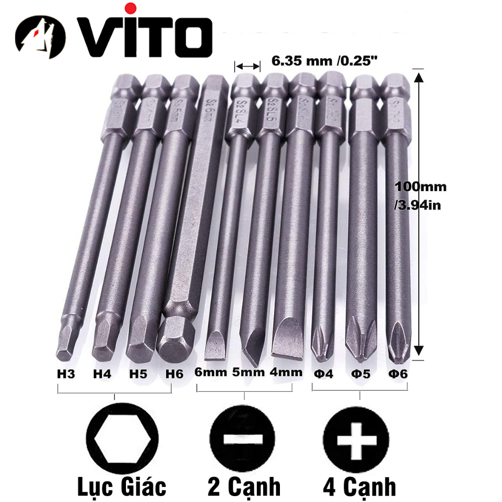Set 10 Mũi Vít Hỗn Hợp (Bake, Lục Giác, 2 Cạnh) VITO Dài 100mm Thép S2 Chắc Chắn