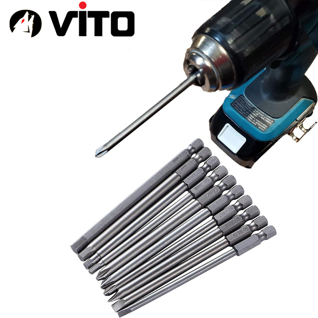 Set 10 Mũi Vít Hỗn Hợp (Bake, Lục Giác, 2 Cạnh) VITO Dài 100mm Thép S2 Chắc Chắn