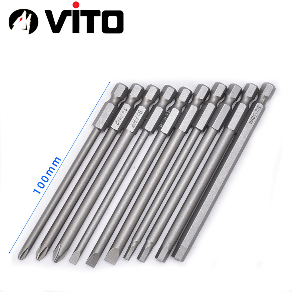 Set 10 Mũi Vít Hỗn Hợp (Bake, Lục Giác, 2 Cạnh) VITO Dài 100mm Thép S2 Chắc Chắn