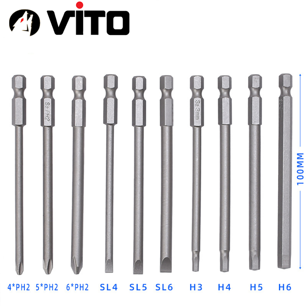 Set 10 Mũi Vít Hỗn Hợp (Bake, Lục Giác, 2 Cạnh) VITO Dài 100mm Thép S2 Chắc Chắn