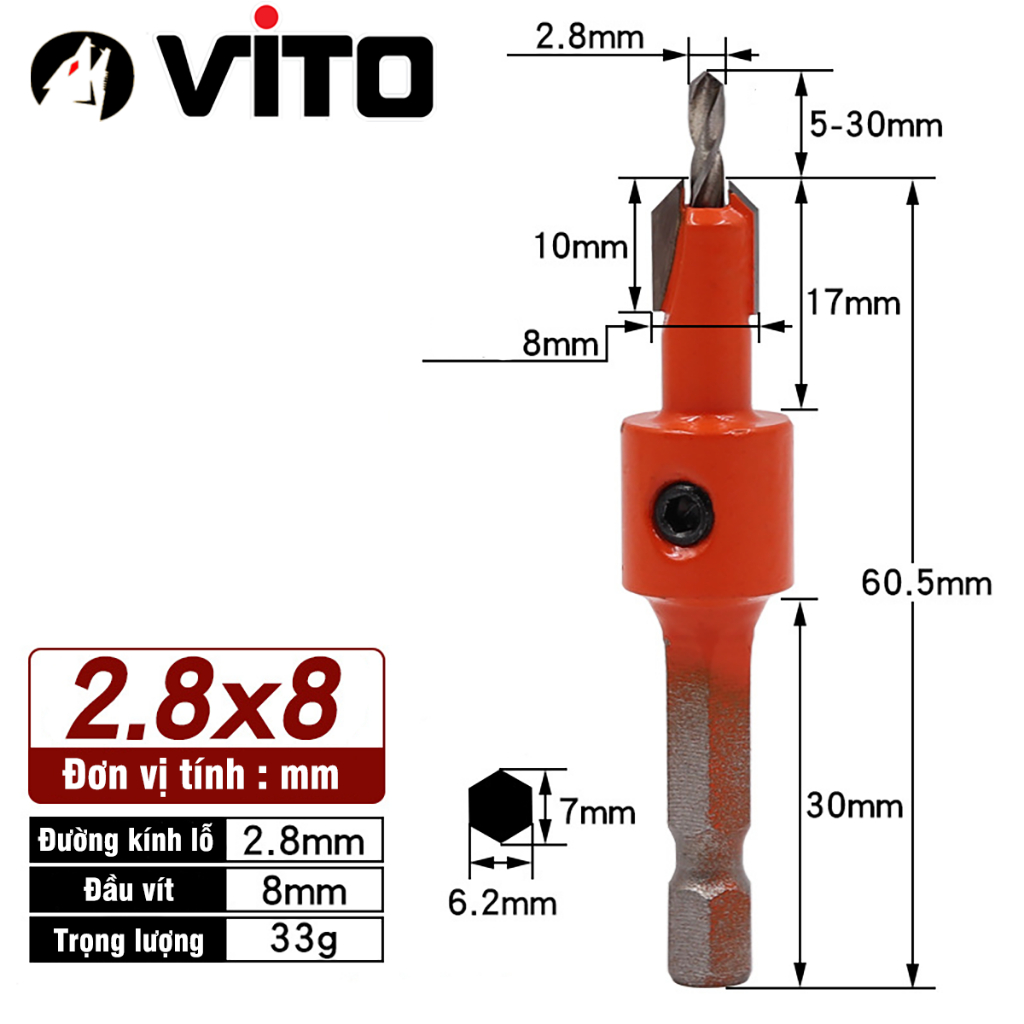Mũi Khoan Doa Âm Vít Gỗ Chân Lục Giác Vuông Góc 2 Tầng VITO Thép HSS 4341