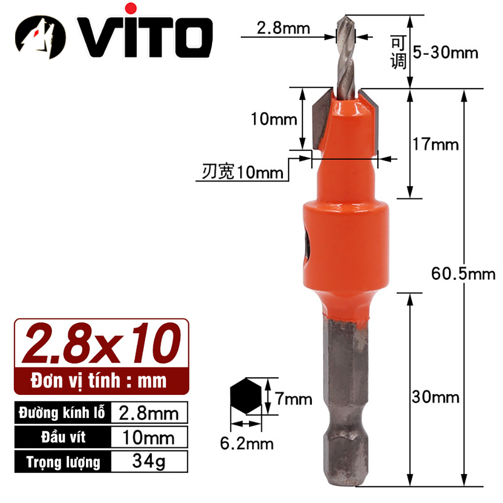 Mũi Khoan Doa Âm Vít Gỗ Chân Lục Giác Vuông Góc 2 Tầng VITO Thép HSS 4341