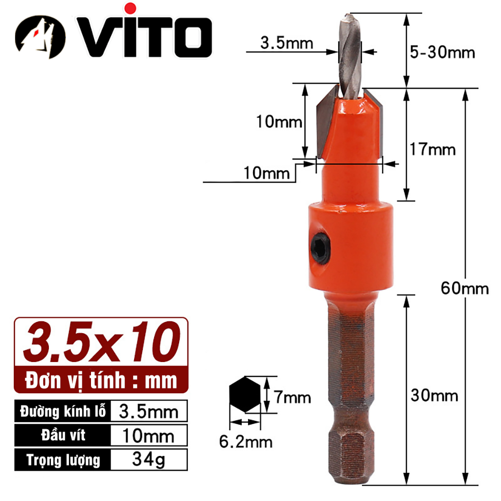Mũi Khoan Doa Âm Vít Gỗ Chân Lục Giác Vuông Góc 2 Tầng VITO Thép HSS 4341